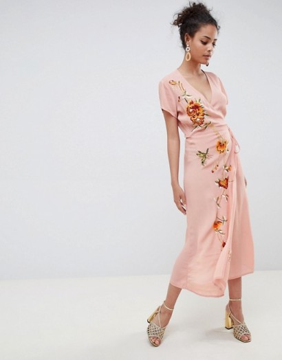 Miss Selfridge embroidered cap sleeve wrap maxi dress in Pink | plunge front floral frock