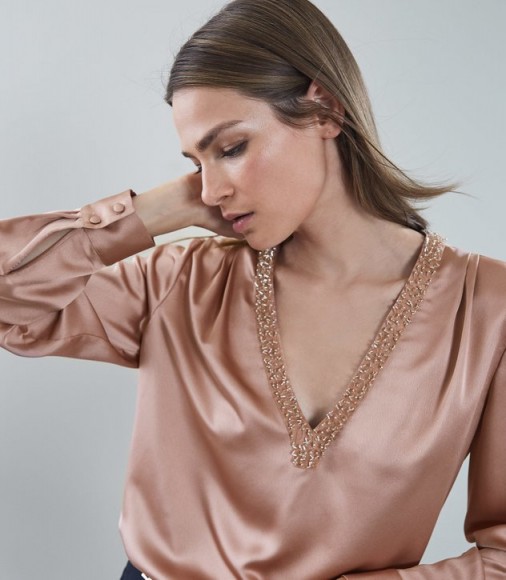 REISS MONZEA EMBELLISHED V NECKLINE BLOUSE RICH BLUSH ~ luxe silky V-neck top