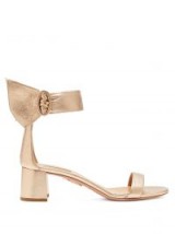 AQUAZZURA Palace 50 block-heel metallic leather sandals ~ gold ankle strap shoes