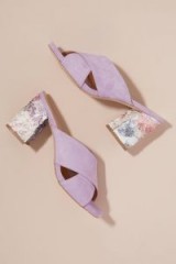 Paolo Mattei Embroidered-Heel Suede Mules in lilac | block heeled summer sandals