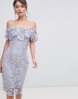 Paper Dolls Ruffle Bardot Lace Midi Dress in Oyster Grey