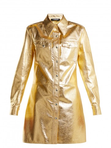 CALVIN KLEIN 205W39NYC Point-collar gold leather shirtdress ~ metallic shirt dresses