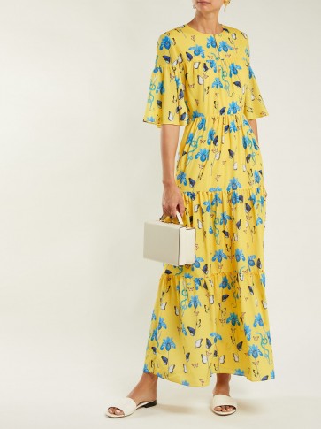 BORGO DE NOR Serena yellow iris-print crepe dress ~ tiered summer maxi