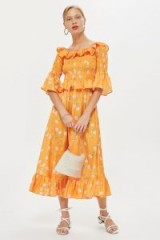 TOPSHOP Shirred Floral Bardot Dress / orange vintage style summer frock