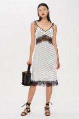 Topshop Spot Plisse Slip Dress | lace trim cami frock