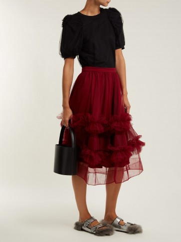 MOLLY GODDARD Akuac ruffled burgundy tulle midi skirt ~ red semi sheer skirts