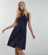 REISS ALANA PLEAT FRONT V NECK DRESS NAVY