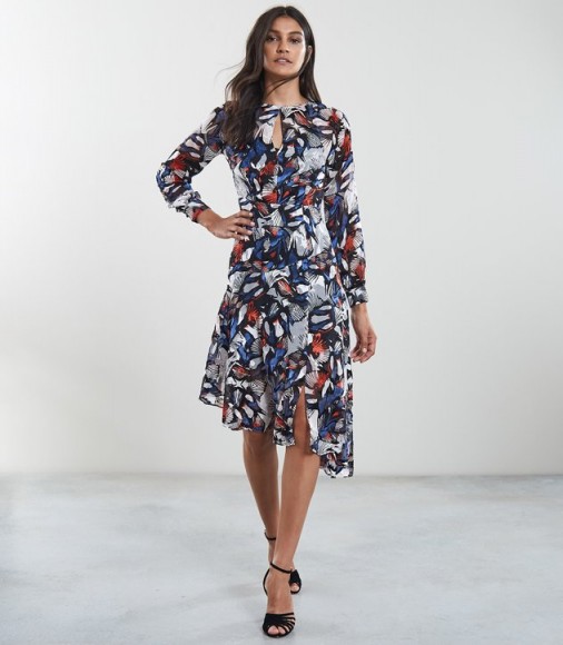 REISS ARIA BURNOUT PRINTED MIDI DRESS ~ butterfly prints ~ asymmetric hemline