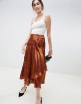 ASOS DESIGN satin midi skirt with self buttons in brown