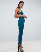 ASOS DESIGN square neck jumpsuit with gold trim detail in teal – fitted strappy jumpsuits – partywear