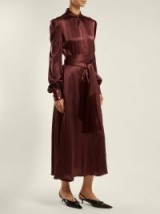 HILLIER BARTLEY Belted balloon-sleeve burgundy silk-satin dress