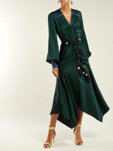 PETER PILOTTO Belted handkerchief-hem green satin dress ~ ruched design ~ balloon sleeves