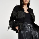 RIVER ISLAND Black faux suede fringe studded jacket