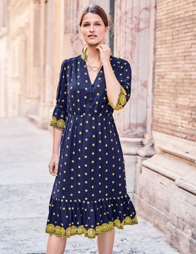 Boden BRONWEN BRODERIE DRESS ~ Navy-blue & mustard-yellow