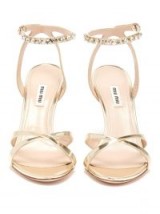 MIU MIU Crystal-embellished patent gold leather sandals ~ luxe ankle straps