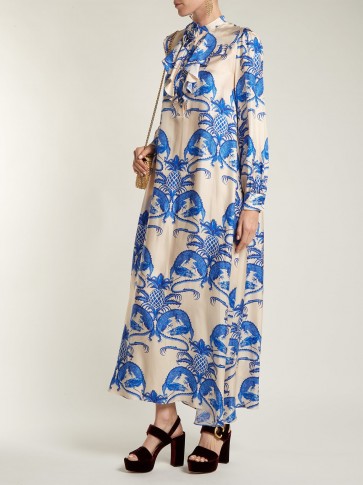 GUCCI Dragon-print ruffle-trim silk-twill dress ~ luxe blue & cream fabrics