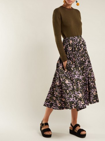 MARNI Green Painterly Floral-print cotton midi skirt