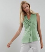 REISS KAYLA PLEAT FRONT V NECK TOP PALE GREEN