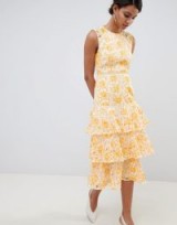 Keepsake lace midi dress yellow – tiered midi – summer occasion