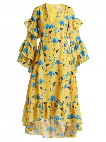 BORGO DE NOR Luna yellow floral dress with blue iris and butterfly print