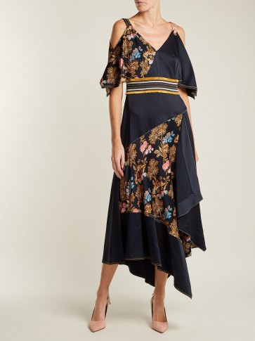 PETER PILOTTO Off-the-shoulder fig-print silk dress ~ cold shoulder with draped design