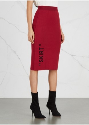 OFF-WHITE Bordeaux stretch-knit pencil skirt ~ slogan clothing