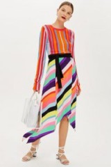 Topshop Rainbow Stripe Midi Skirt | asymmetric hemline