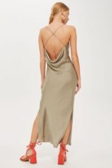 Topshop Satin Slip Dress in Olive | green strappy cross-back frock