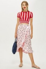 Topshop Pink Satin Spot Ruffle Midi Skirt