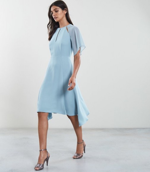 REISS TAVIA ASYMMETRIC MIDI DRESS BLUE ~ draped hemline ~ sheer wide sleeves