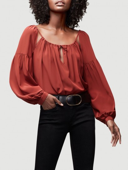 FRAME Tie Up Silk Peasant Top in Burnt Henna | cut out boho blouse