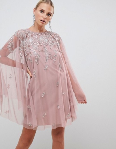 ASOS DESIGN mini dress with heavily embellished cape soft pink – luxe style party wear – feminine and floaty