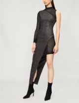 BALMAIN Asymmetric mesh and metallic-knit dress Argent fonce/noir ~ one sleeve glamour