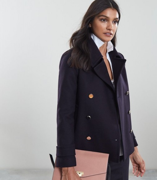 REISS BECALL BUTTON DETAIL PEA COAT NAVY ~ stylish everyday essential ~ smart dark-blue jacket