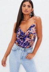 MISSGUIDED blue velvet devore cowl neck bodysuit / floral burnout