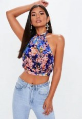 MISSGUIDED blue velvet devore tie neck crop top / floral halterneck