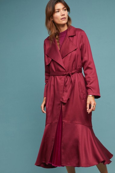 French Mauve Cabernet Trench Coat Wine ~ rich-red autumn colour ~ fluted hem