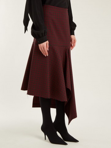 BALENCIAGA Burgundy Checked wool panelled midi skirt ~ asymmetrical hemline