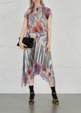 DRIES VAN NOTEN Daveri printed chiffon midi dress ~ pleated metallic-silver inserts