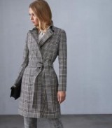 REISS EDEN CHECKED MAC COAT BLACK/WHITE ~ check-print tie-waist coats ~ classic outerwear