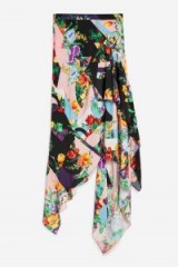 TOPSHOP Floral Print Midi Skirt in pink / draped hem