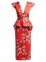 JOHANNA ORTIZ Florearse floral-print red cotton-blend dress – plunging front – peplum waist