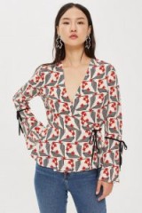 TOPSHOP Geometric Floral Print Wrap Top / wide sleeved / retro inspired prints