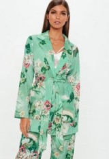 MISSGUIDED green floral collared tie jacket / flower print blazer