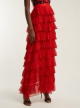 RODARTE High-rise tiered red silk-chiffon skirt – black flocked polka dots