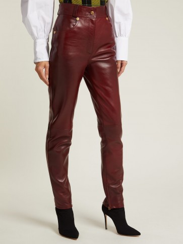 VERSACE Medusa-buttoned burgundy leather trousers ~ luxe slim cut pants