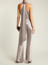 GALVAN Pandora halter-neck grey satin jumpsuit ~ draped back halterneck