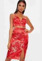 MISSGUIDED red oriental print split front midi skirt / floral prints