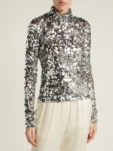 MM6 MAISON MARGIELA Sequinned high neck mesh top ~ metallic-silver turtleneck