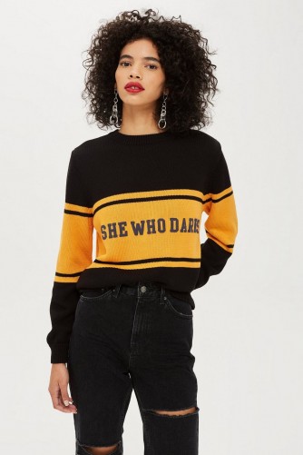 Topshop ‘She Who Dares’ Slogan Jumper | on-trend knitwear